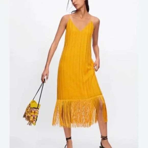 Zara Fringe Hem Midi Dress Marigold  Mustard Yellow Size Small - Picture 10 of 10